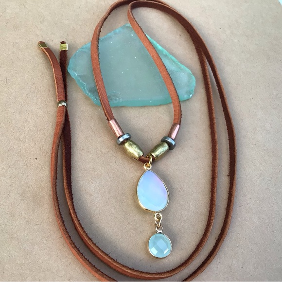 Leather cord Opalite Aquamarine Sundance Charm Necklace Sale - Picture 2 of 8